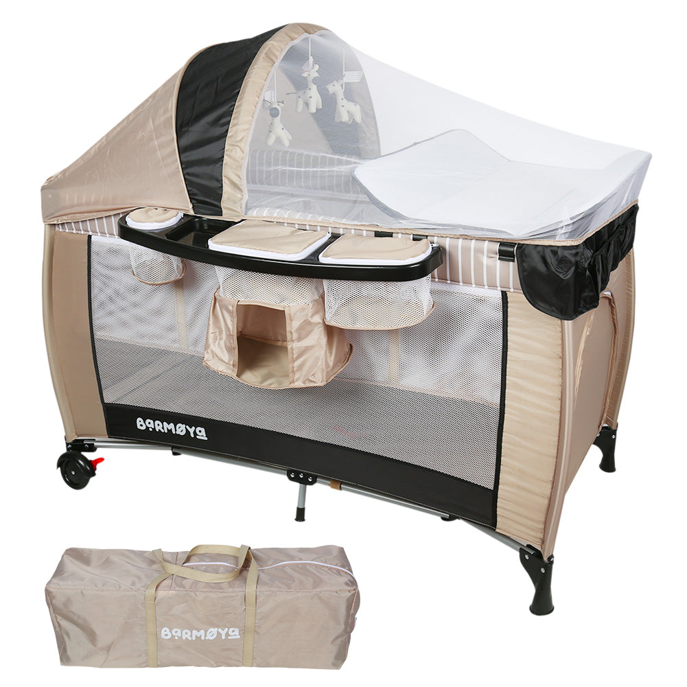 Barmøya 3-in-1 Baby-Reisebett mit Wickelauflage – Reisebett, Laufstall & Beistellbett beige