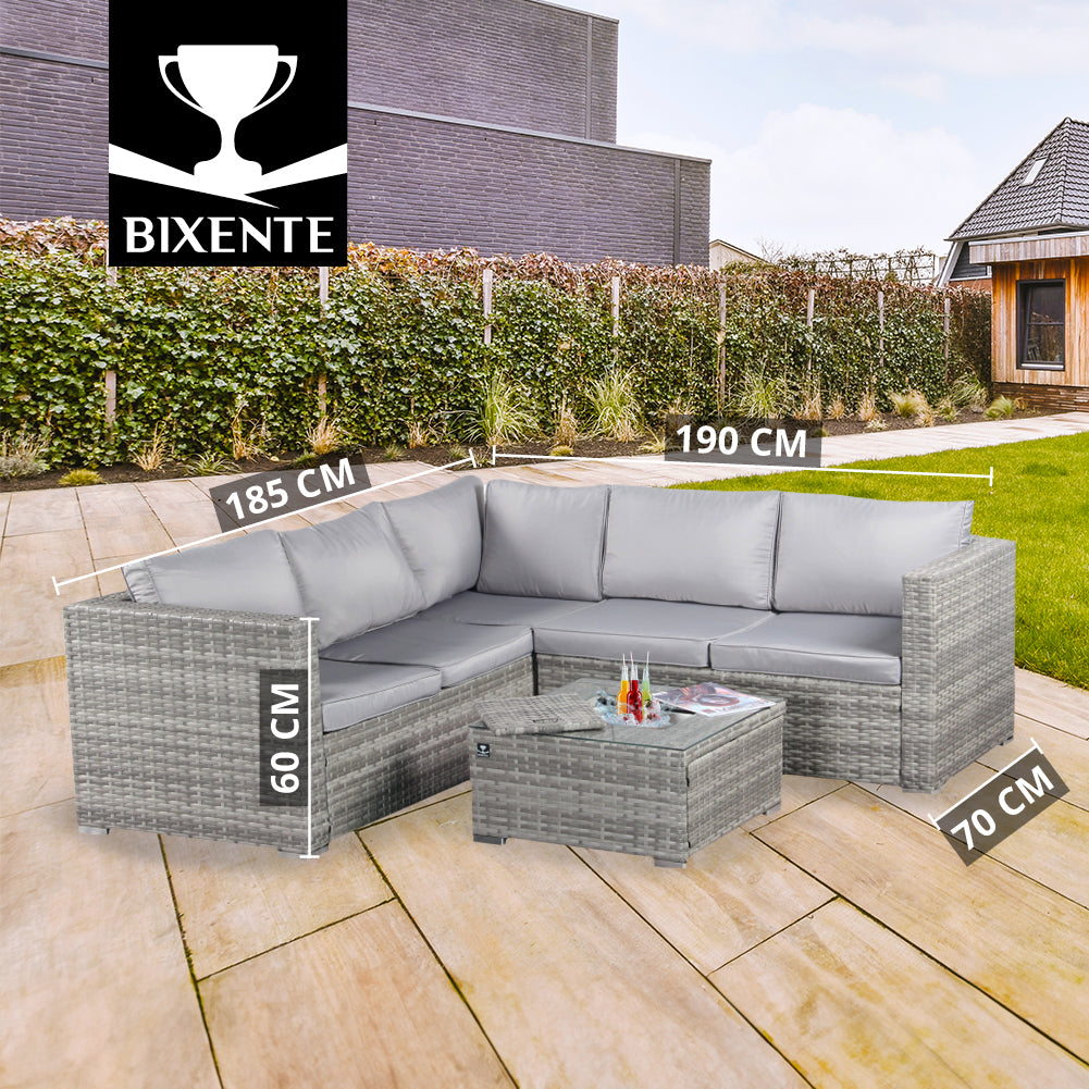 BIXENTE Polyrattan Garten-Lounge 5-Sitzer mit Tisch, Auflagen und Eisfach